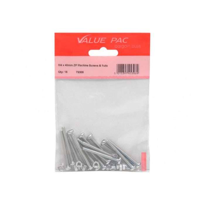 M4 x 40mm ZP Machine Screws & Nuts 12pk