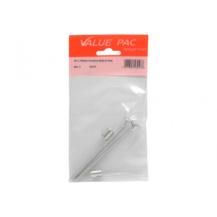 M6 x 100mm Furniture Bolts & Nuts 2pk