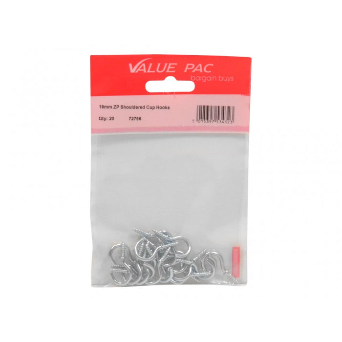19mm ZP Shouldered Cup Hooks 18pk
