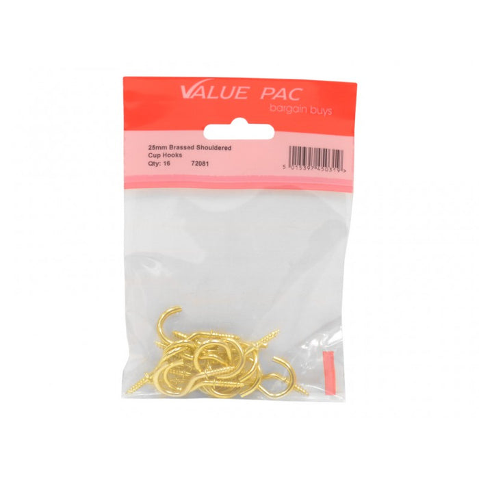 25mm Brassed Shouldered Cup Hooks 16pk
