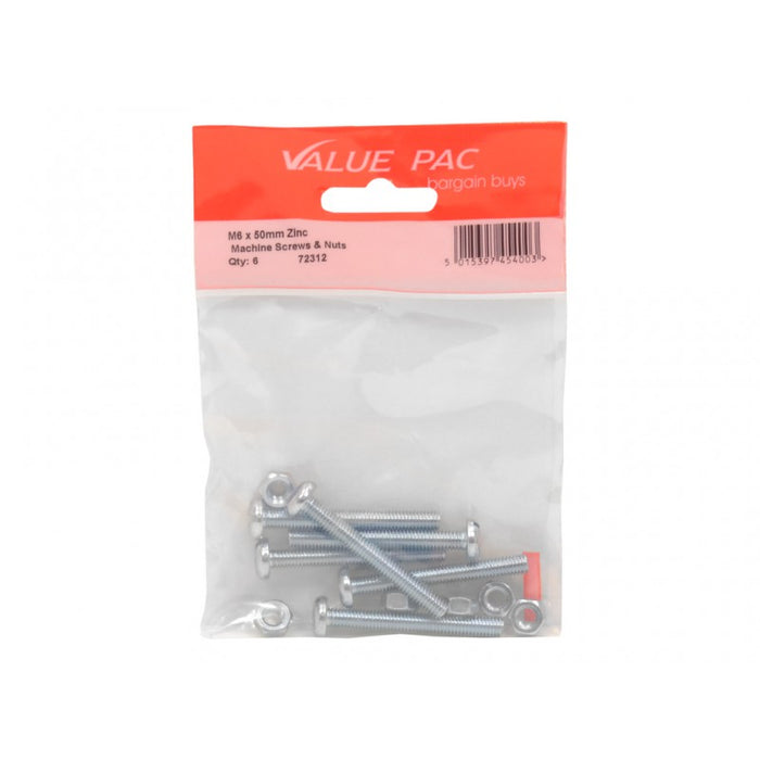 M6 x 50mm ZP Machine Screws & Nuts 4pk