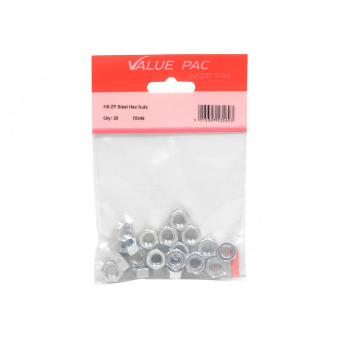 M8 ZP Steel Hex Nuts 20pk
