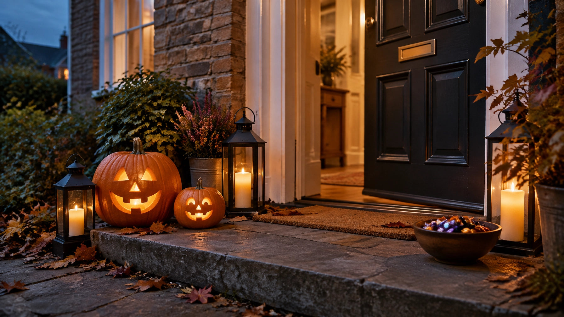 A welcoming autumn doorstep with glowing pumpkins, lanterns and a bowl of sweets