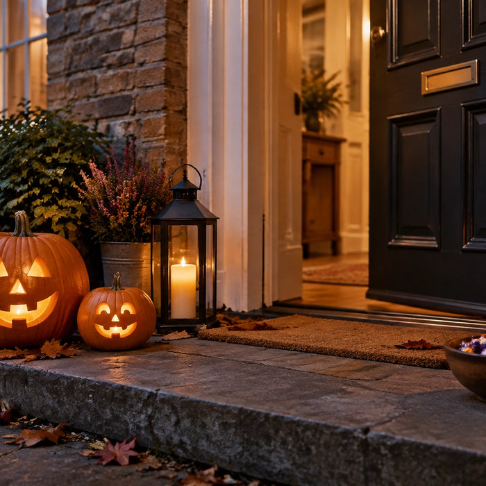 A welcoming autumn doorstep with glowing pumpkins, lanterns and a bowl of sweets