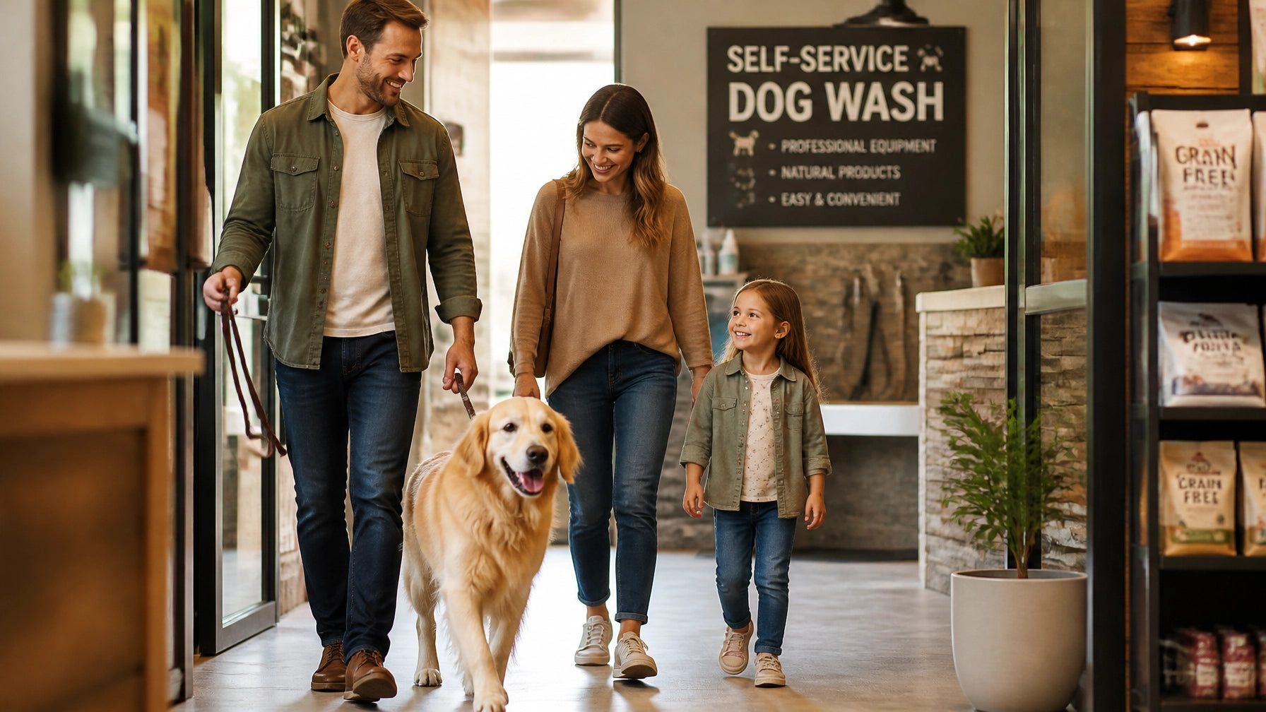 A happy family with their dog entering a welcoming retail space with a dog wash sign
