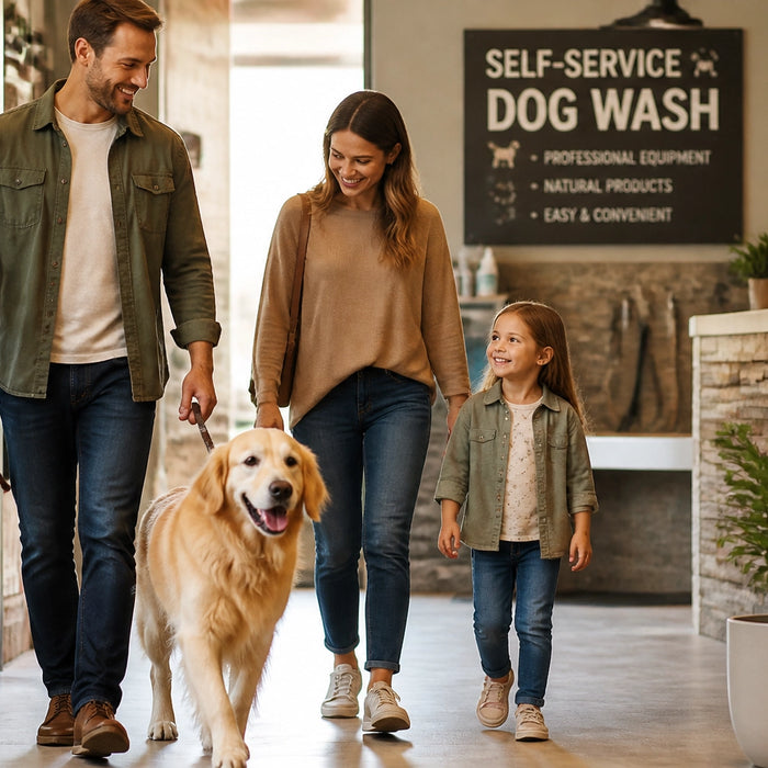 A happy family with their dog entering a welcoming retail space with a dog wash sign