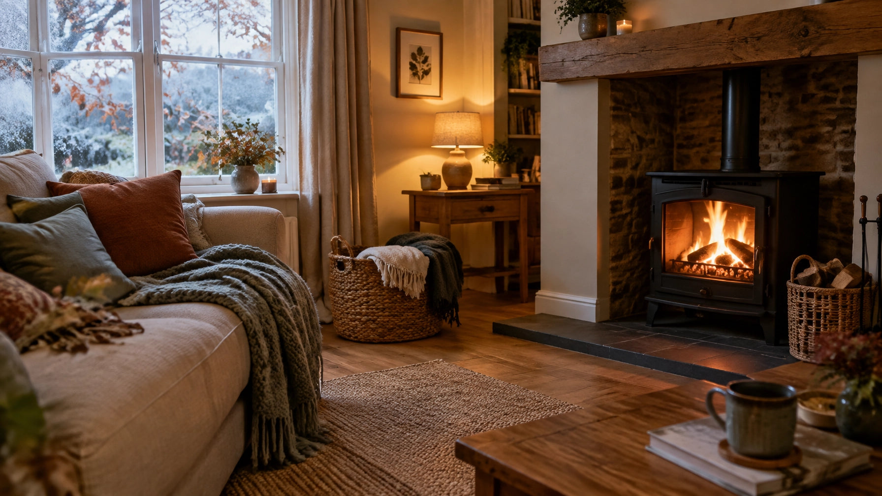 Cosy UK living room with knitted throws, a lit fireplace, autumn leaves and frost outside