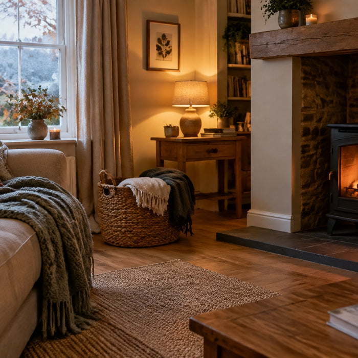 Cosy UK living room with knitted throws, a lit fireplace, autumn leaves and frost outside