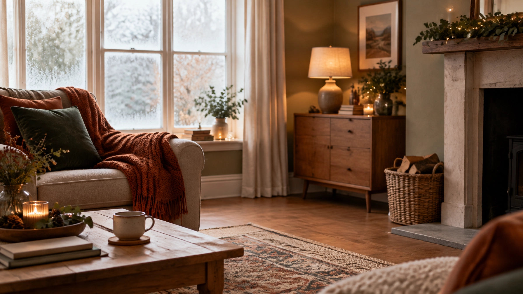 Warm late-November living room with throws, autumn decor and a basket of logs
