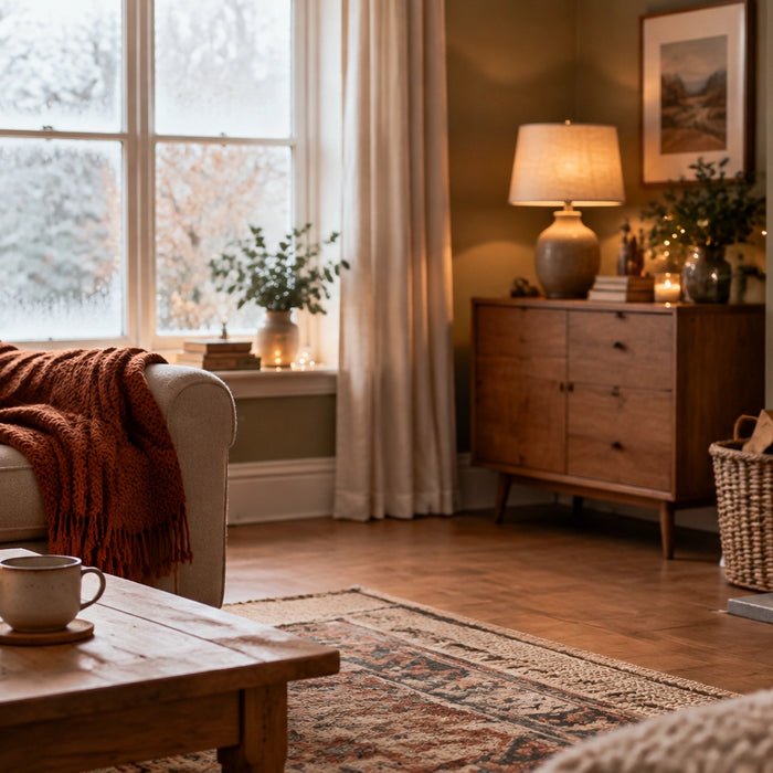 Warm late-November living room with throws, autumn decor and a basket of logs