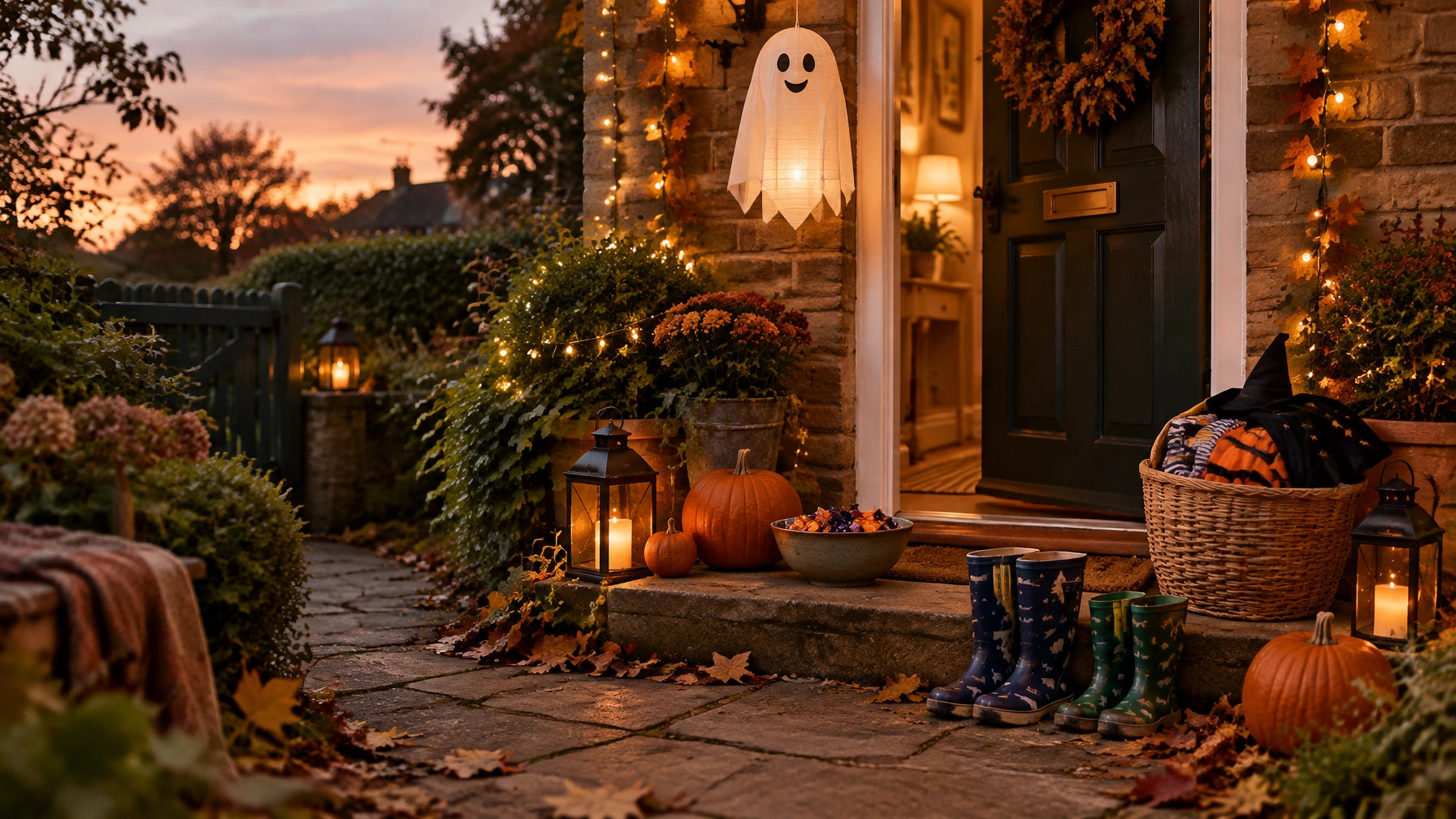 A warmly decorated British home entrance with pumpkins, autumn leaves, amber lanterns and neatly organised Halloween treats