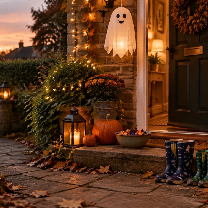 A warmly decorated British home entrance with pumpkins, autumn leaves, amber lanterns and neatly organised Halloween treats