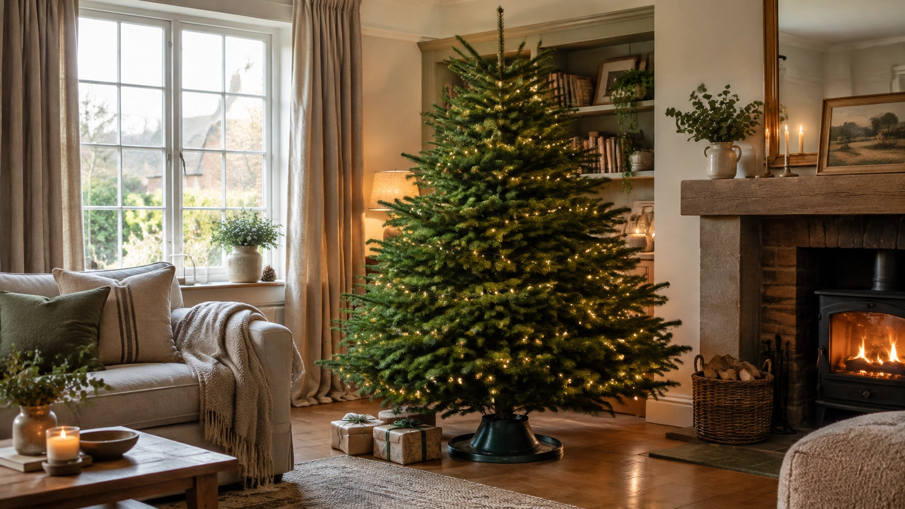 Fresh real Nordman Fir Christmas tree with soft fairy lights in a cosy living room