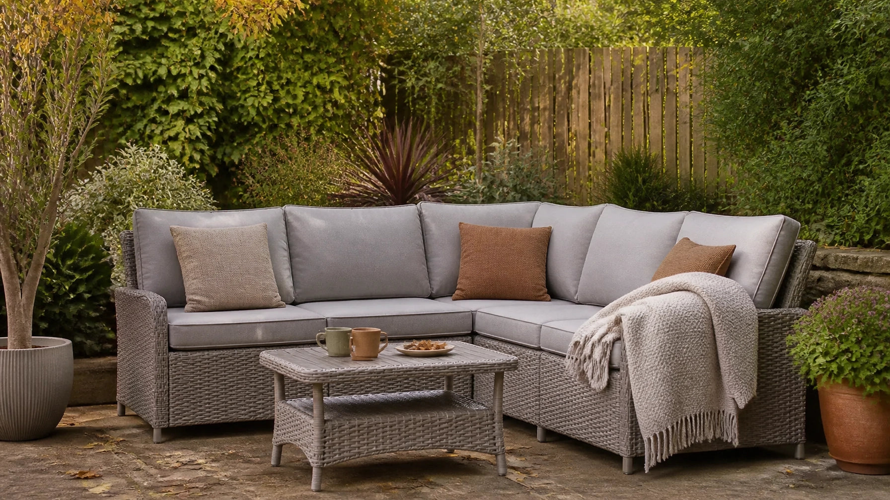 Contemporary garden furniture set in a warm autumn garden with fallen leaves and neutral cushions