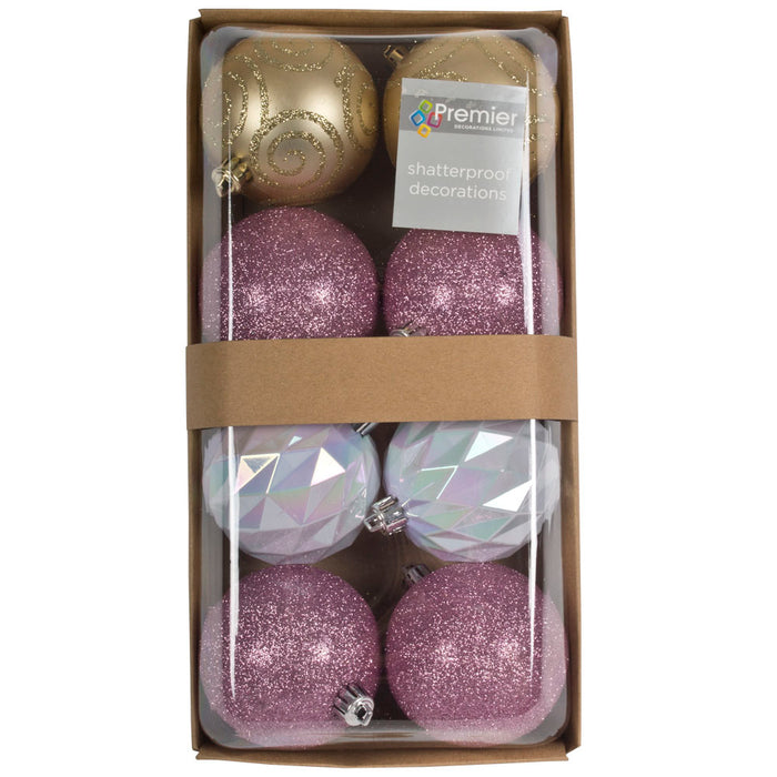 Pack Of 8 Pink, White & Gold Shatterproof Baubles