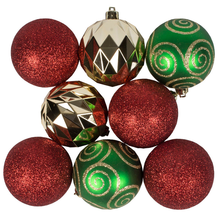 Pack Of 8 Green, Gold & Red Shatterproof Baubles