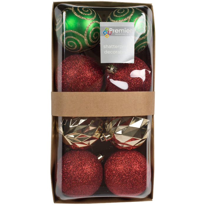 Pack Of 8 Green, Gold & Red Shatterproof Baubles