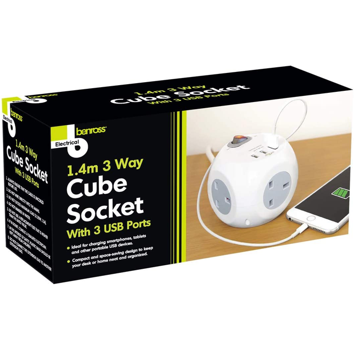 1.4m 3 Way Cube Socket With 3 USB Ports