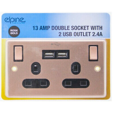 13 Amp Double Socket With 2 USB Outlets - Rose Gold