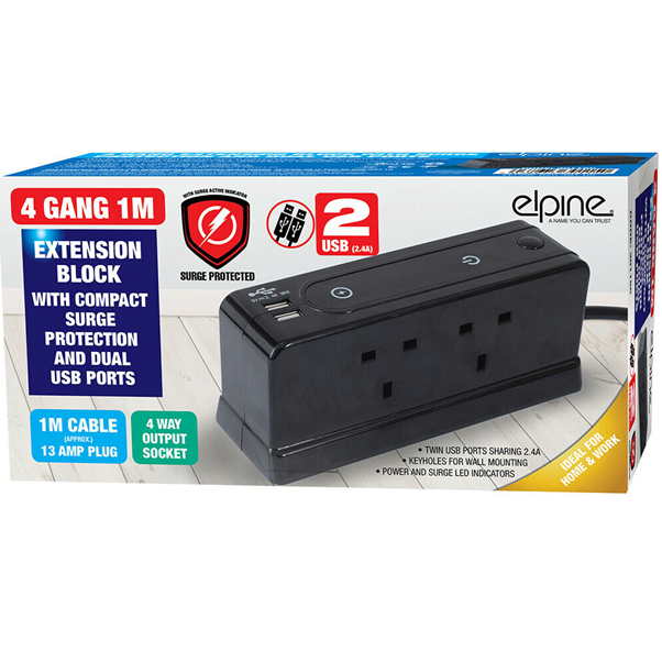 4 Gang 1M Extension Block With Dual USB Ports