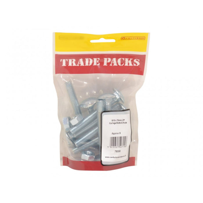 Carriage Bolts & Nuts Small - ZP - M10 x 75mm (9 PK)