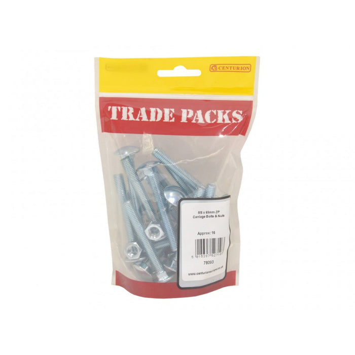 Carriage Bolts & Nuts Small - ZP - M8 x 65mm (16 PK)