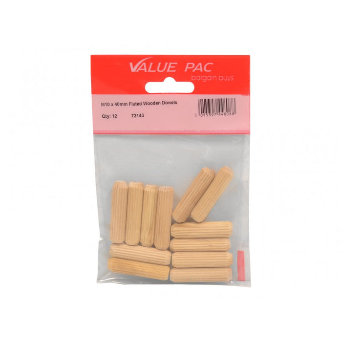 M10 x 40mm Fluted Wooden Dowels