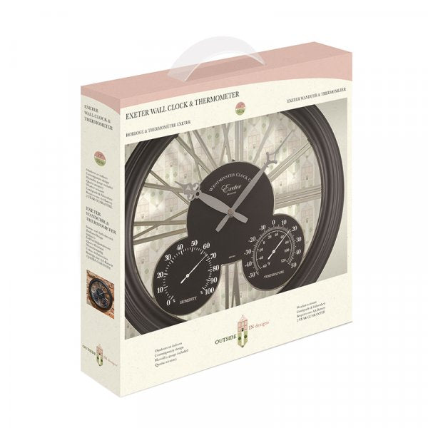 Exeter Wall Clock & Thermometer 15in - Black