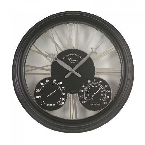 Exeter Wall Clock & Thermometer 15in - Black