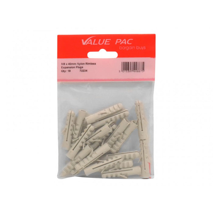 M8 x 40mm Nylon Rimless Expansion Plugs