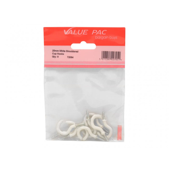 25mm White Shouldered Cup Hooks 9pk