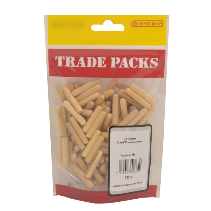 Fluted Wooden Dowels - Wood - M6 x 30mm (150 PK)