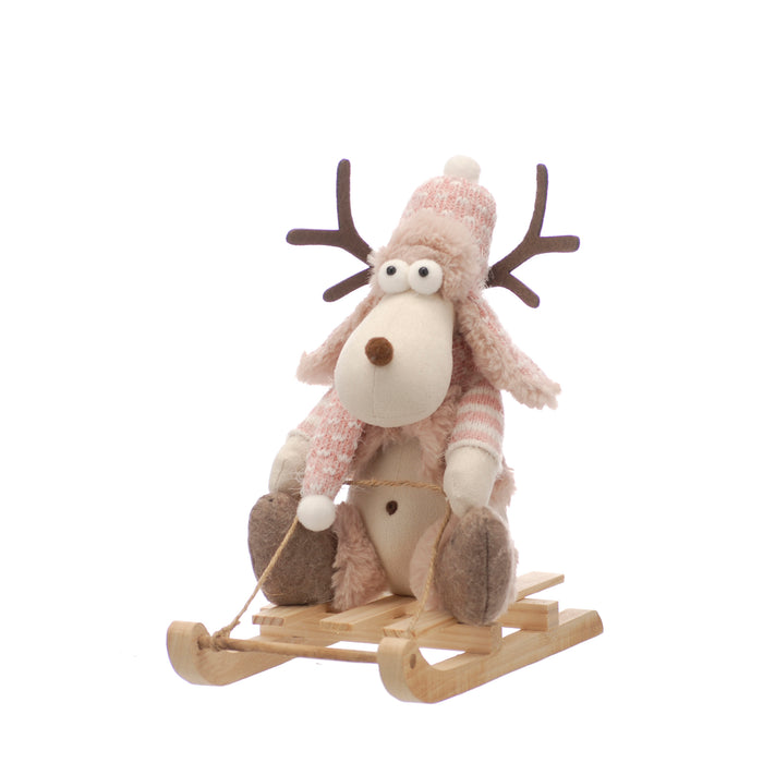 32cm Plush Brown Pink Jumper Reindeer On Sleigh