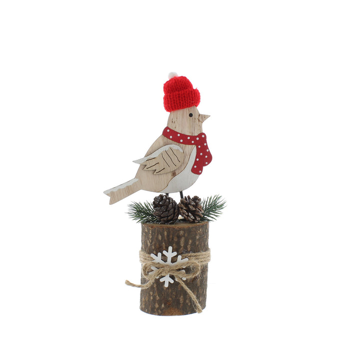 23cm wooden bird with red hat and scarf on base