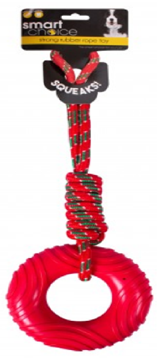 Rubber Ring & Rope Dog Toy 4 Asst Colours