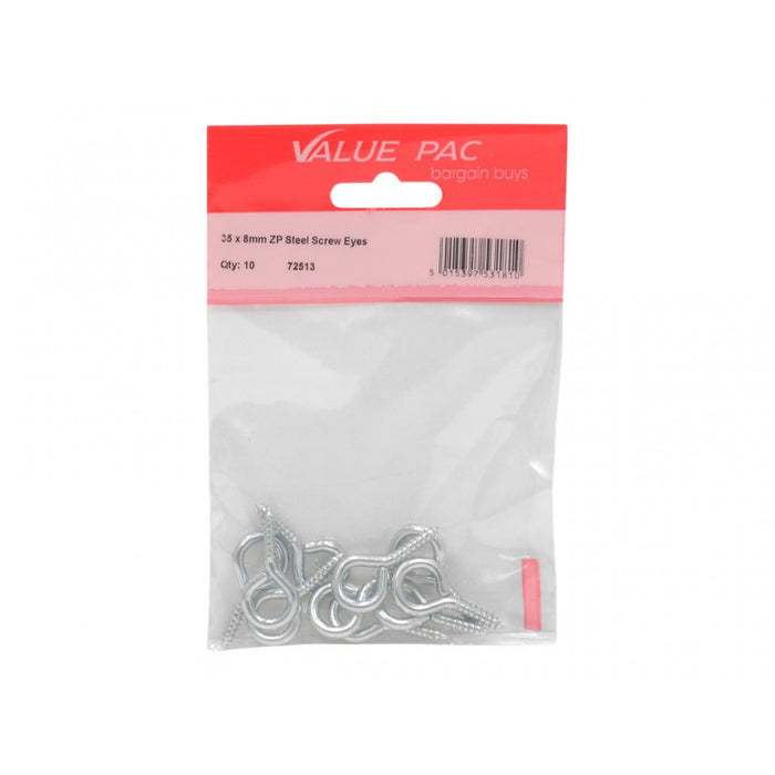 35 x 3.6mm ZP Steel Screw Eyes 10pk