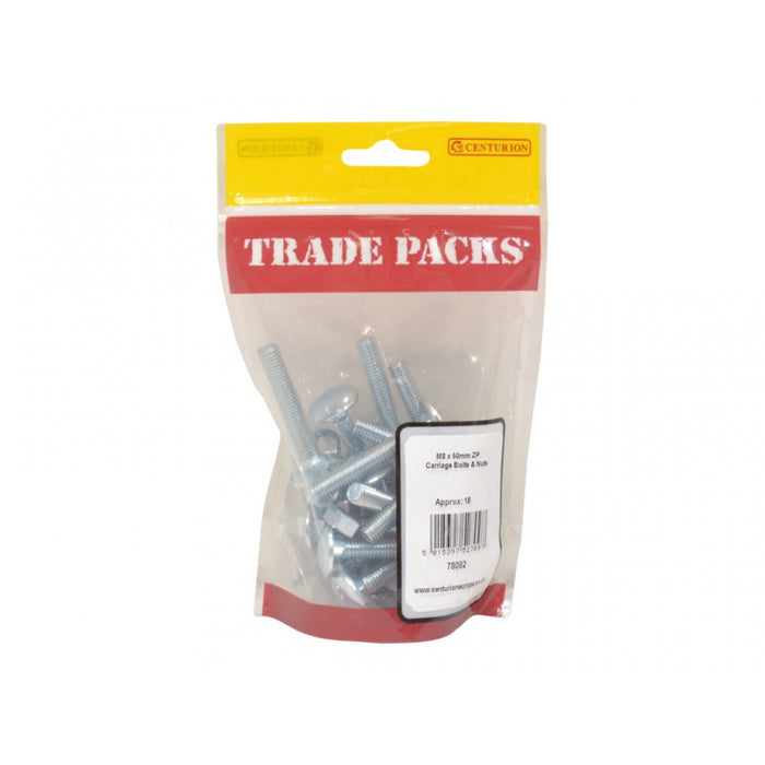 Carriage Bolts & Nuts Small - ZP - M8 x 50mm (18 PK)