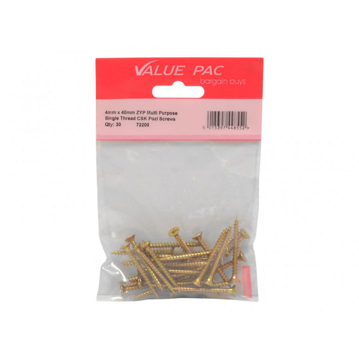 4mm x 40mm ZYP Multi Purpose Single Thread Countersunk Pozi Screws 25pk