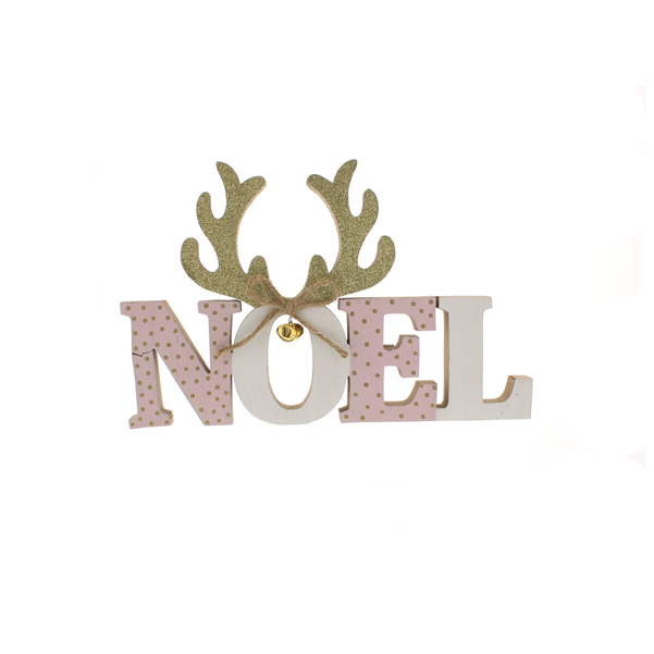26cm Wooden Pink/White NOEL With Gold Antlers