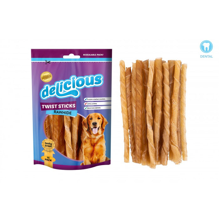 Delicious Rawhide Twist Sticks 15 Pack