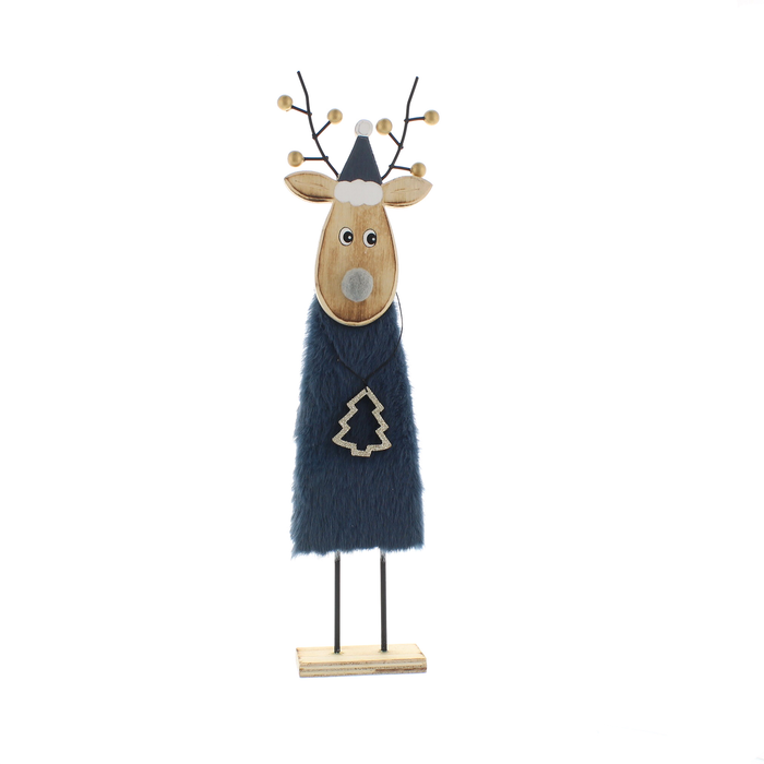 28cm Wooden Reindeer With Dark Navy Fur