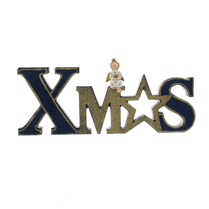 24cm Wooden Dark Navy / Gold Xmas With Angel Sign